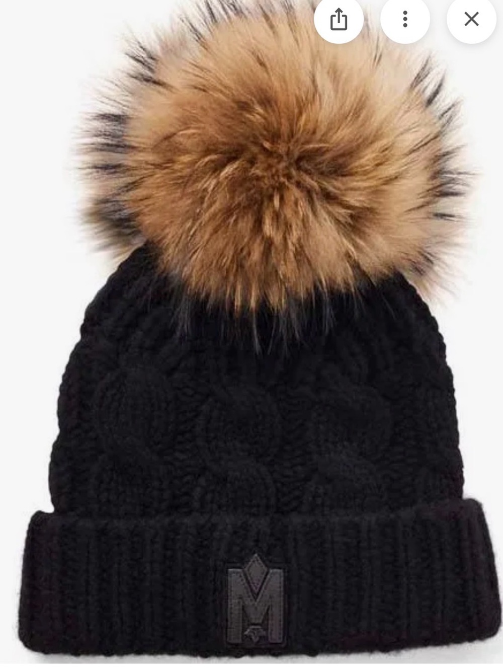 Mackage  Black Cable-Knit Beanie with Tan Faux-Fur Pom